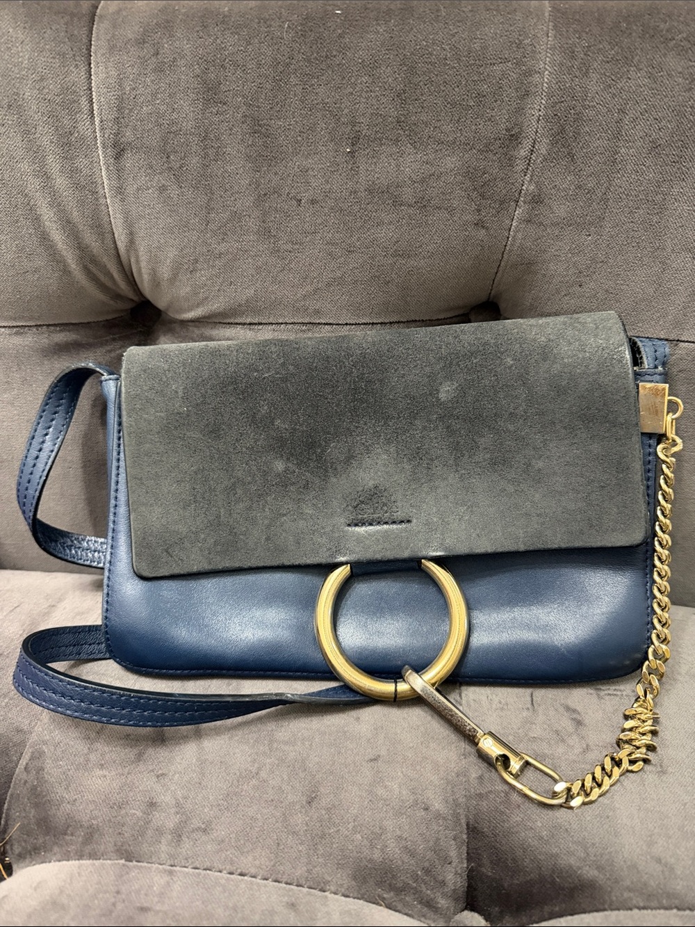 Chloe Navy Leather & Slate Suede Crossbody with Gold Ring